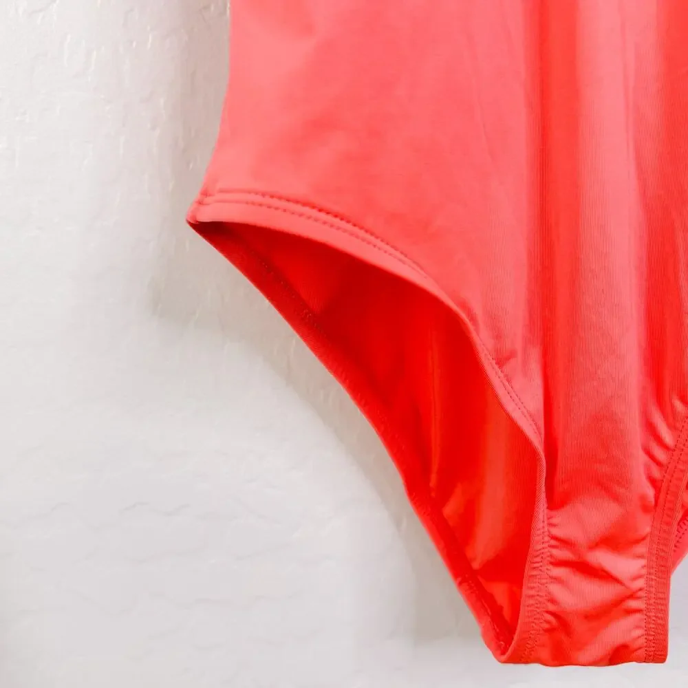 Laundry by Design Plunge Lace Up One Piece Swimsuit Swimwear Coral Medium NWT
